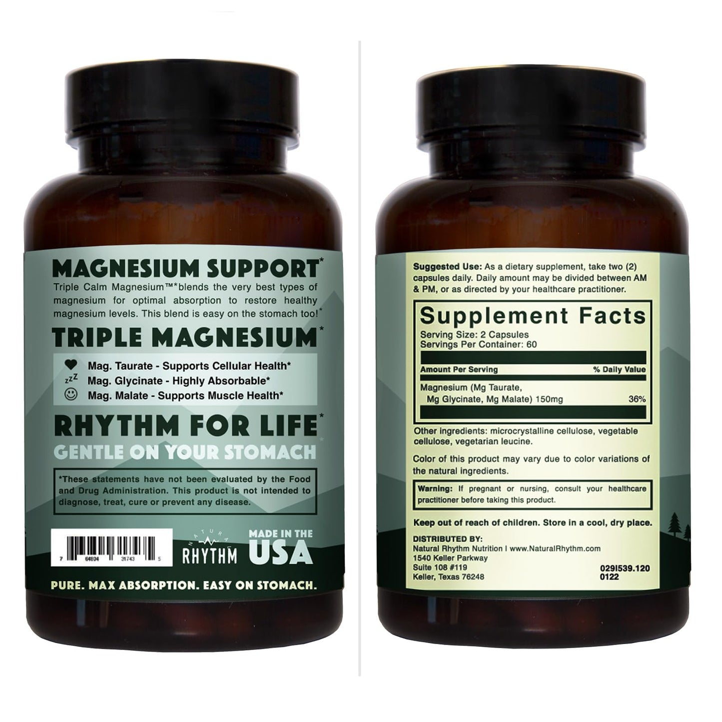 Natural Rhythm Triple Calm Magnesium 150 mg – 120 Capsules | Glycinate, Malate & Taurate Complex for Rest and Relaxation
