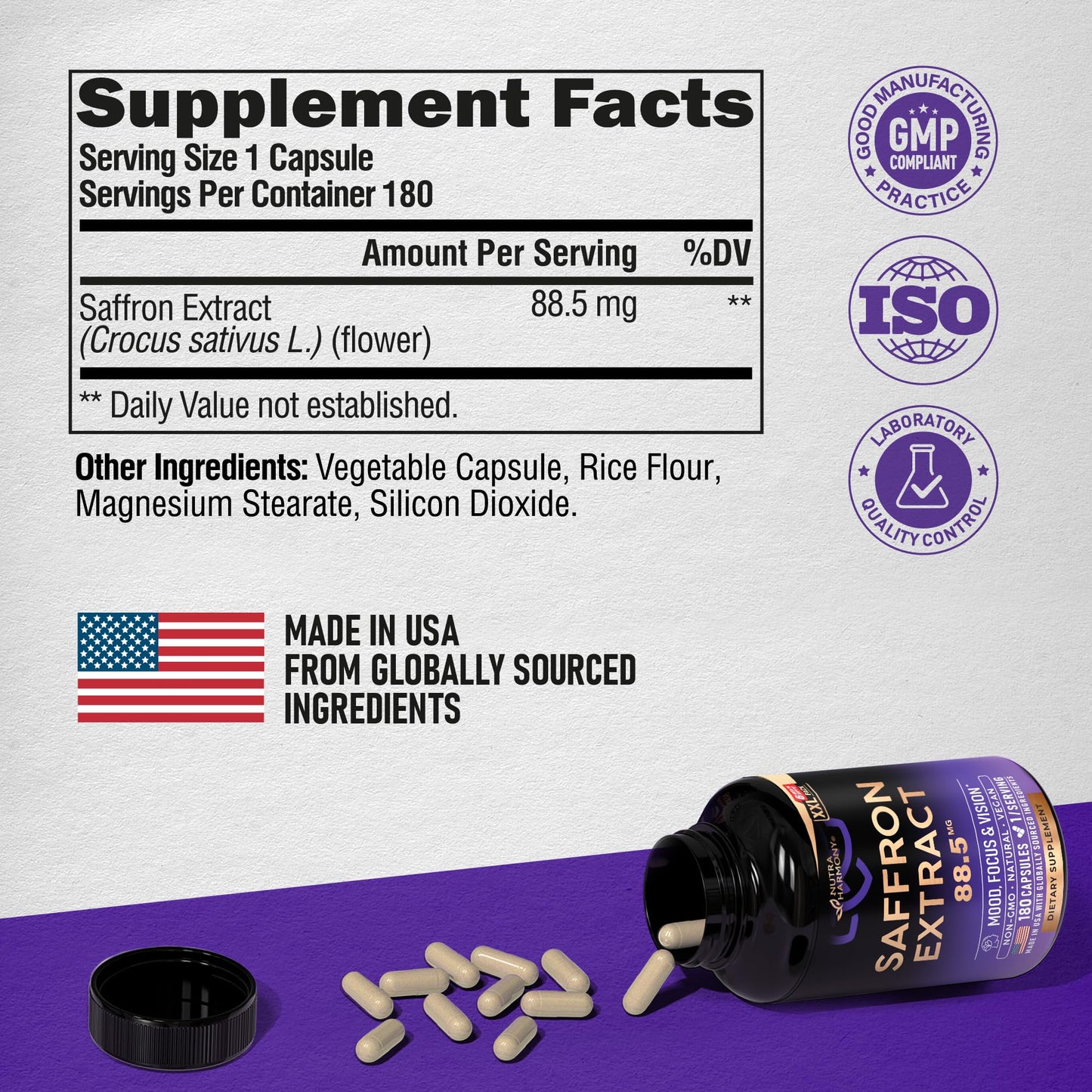 Natural Saffron Supplements 88.5 mg | Mood, Focus, Vision Support | Made in USA