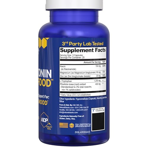 Natural Stacks Serotonin Brain Food β 1250mg L-Tryptophan & 400mg Rhodiola Rosea β Mood Support with Magnesium Glycinate & Zinc β 60 Capsules