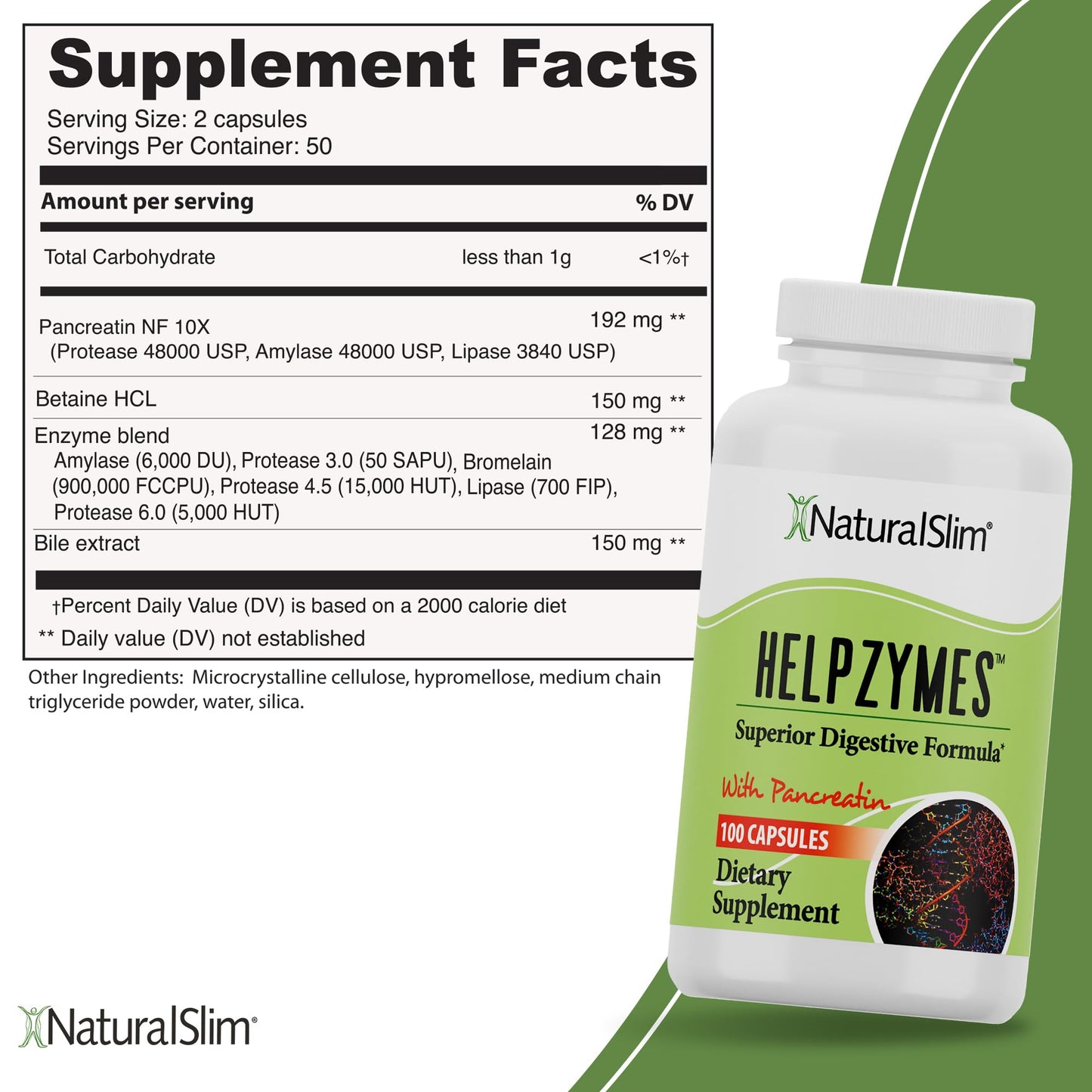 NaturalSlim Helpzymes Enzyme Complex β Bromelain, Ox Bile, Pancreatin & Betaine HCl, 2-Pack (100 Capsules)