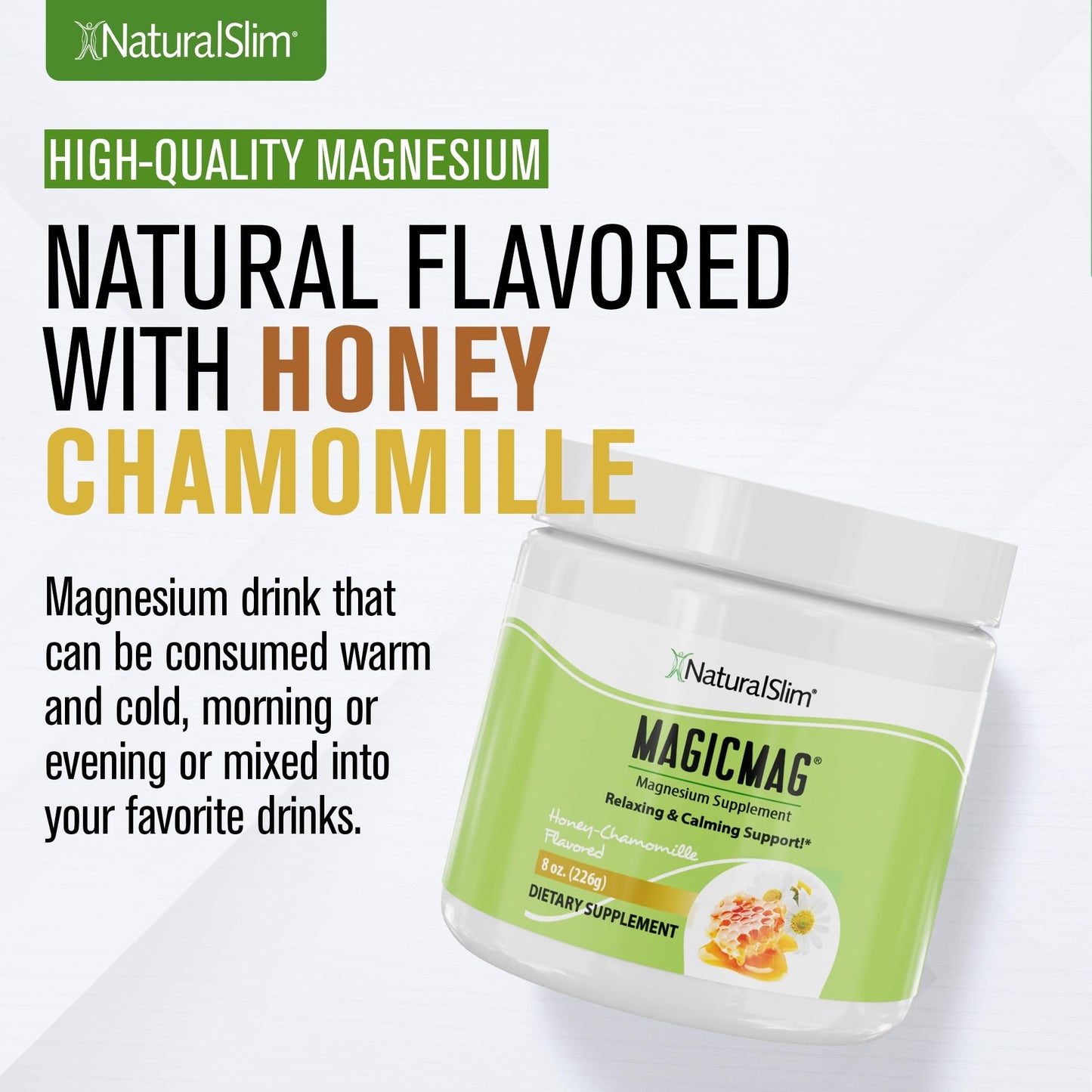 NaturalSlim MagicMag Magnesium Citrate Powder β Stress, Sleep & Heart Health Support | Honey Chamomile Drink Mix 8oz (Solo)