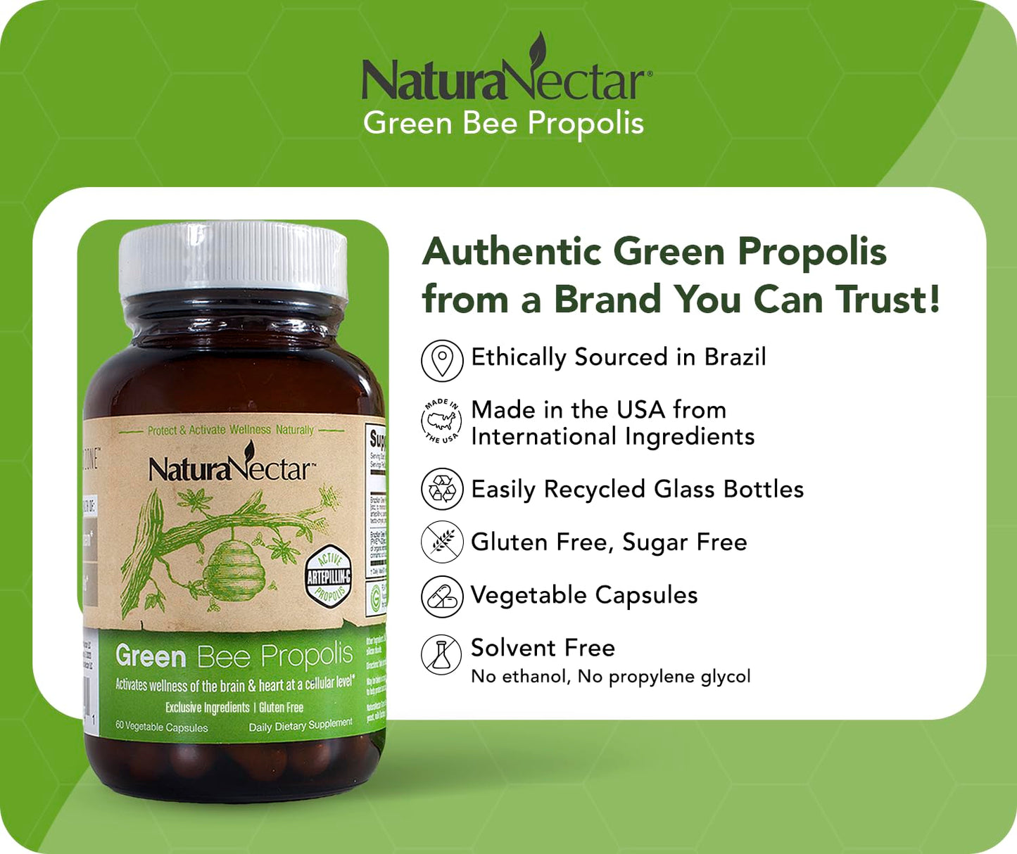 NaturaNectar Green Bee Propolis Capsules β NSF Certified, Gluten-Free