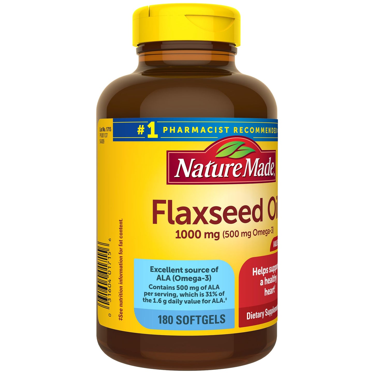 Nature Made Flaxseed Oil 1000 mg โ Fish-Free Omega-3 for Heart Health (180 Softgels)