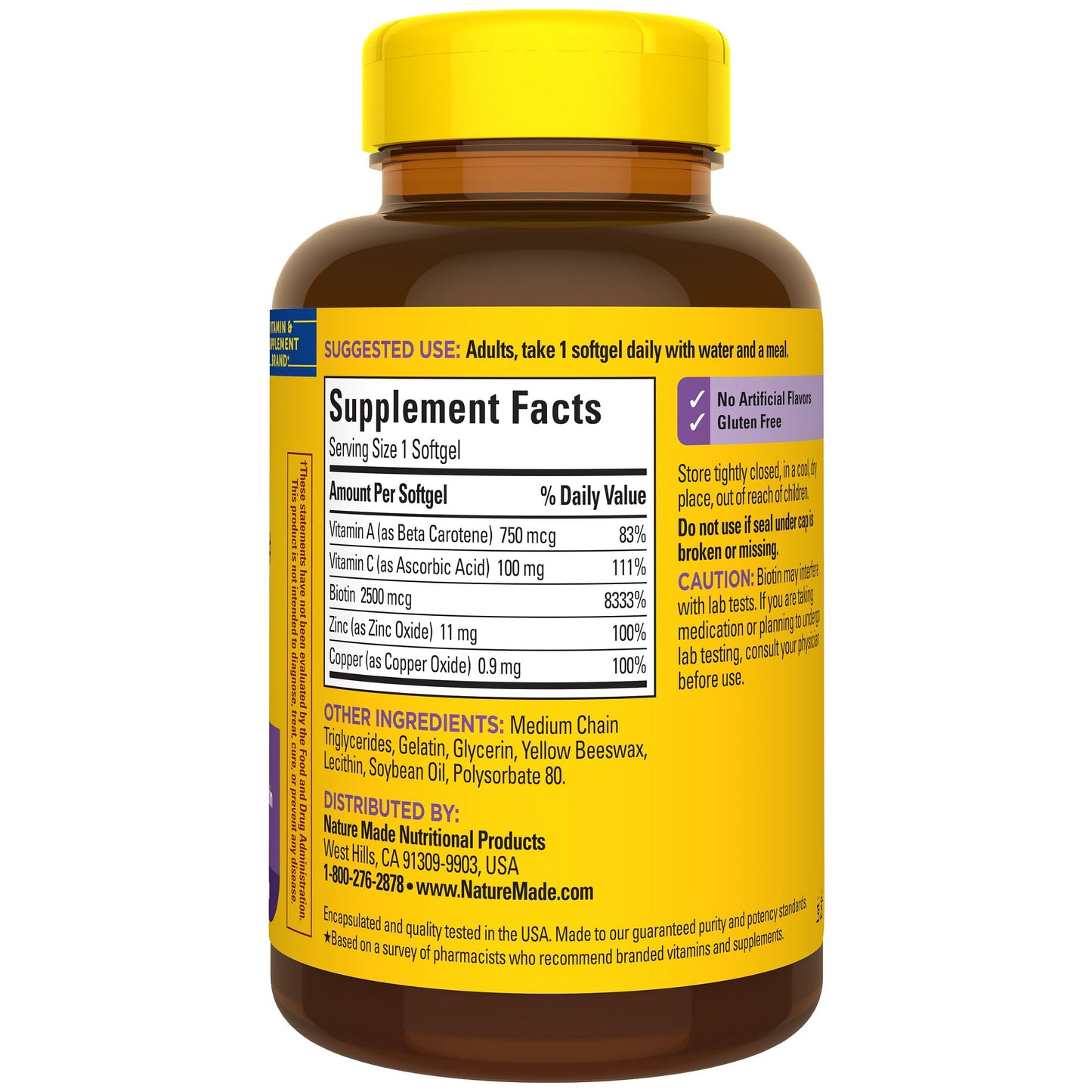 Nature Made Hair Skin Nails with Biotin 2500 mcg Softgels โ 120 Count