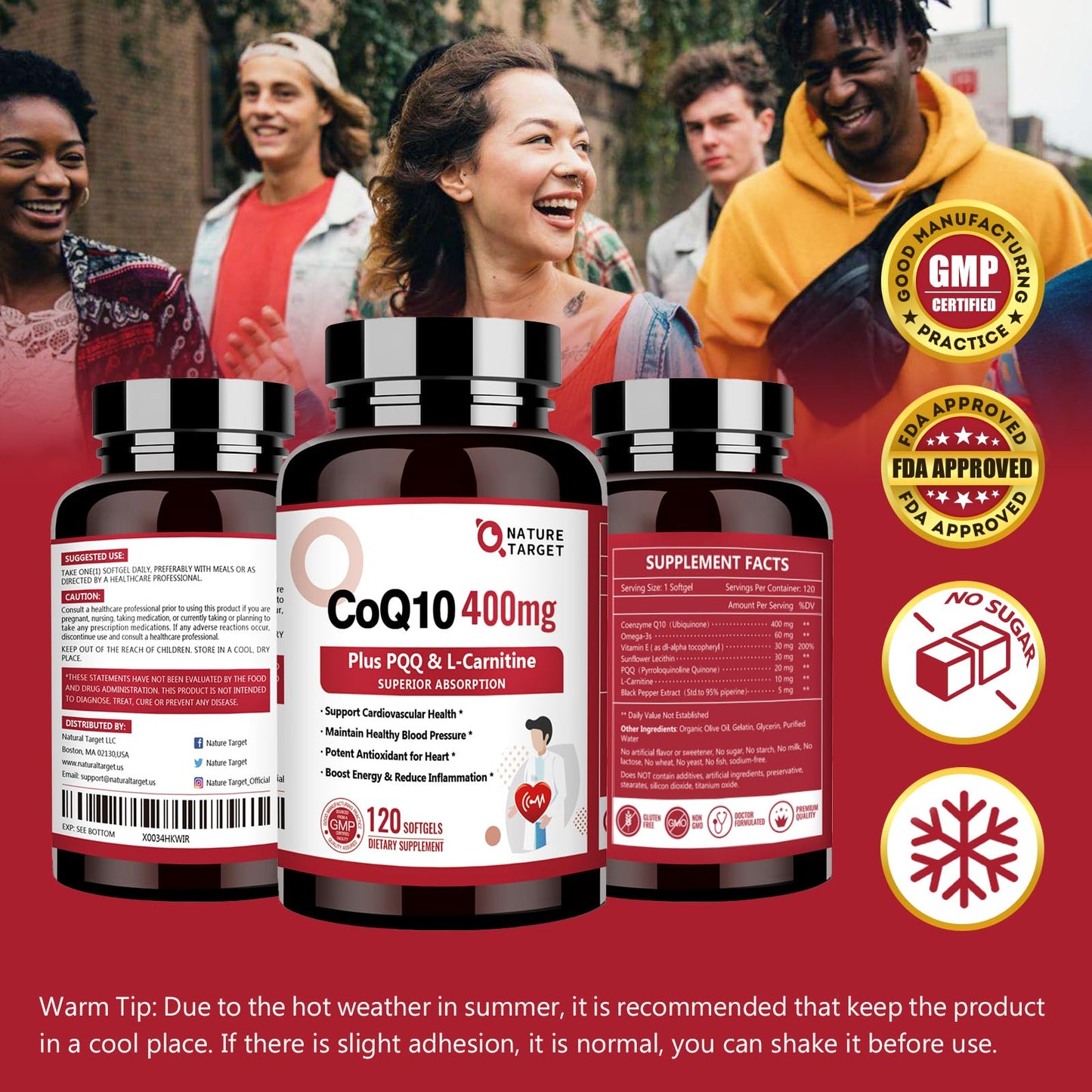 Nature Target CoQ10 400mg with PQQ, Omega-3s & L-Carnitine โ High-Absorption CoQ10 with BioPerine | 120 Servings