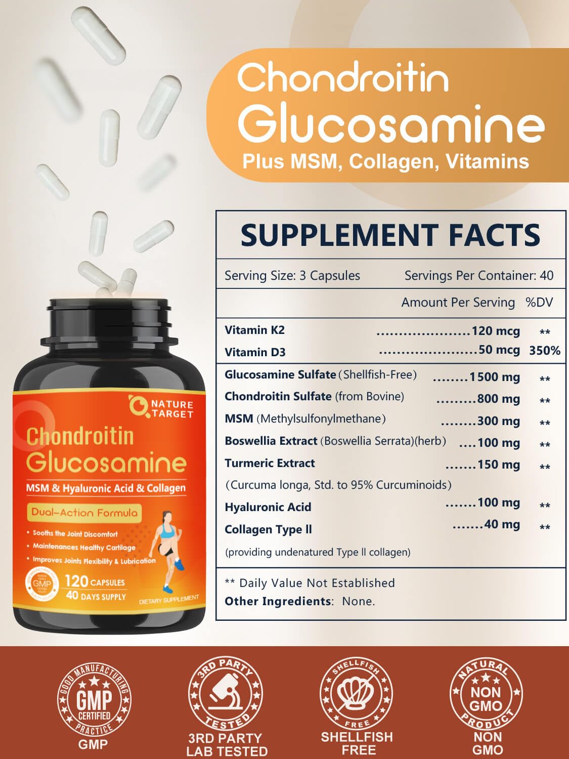 NATURE TARGET Glucosamine Chondroitin Joint Support β MSM, Collagen & Turmeric, Shellfish-Free, 120 Caps (Pack of 2)