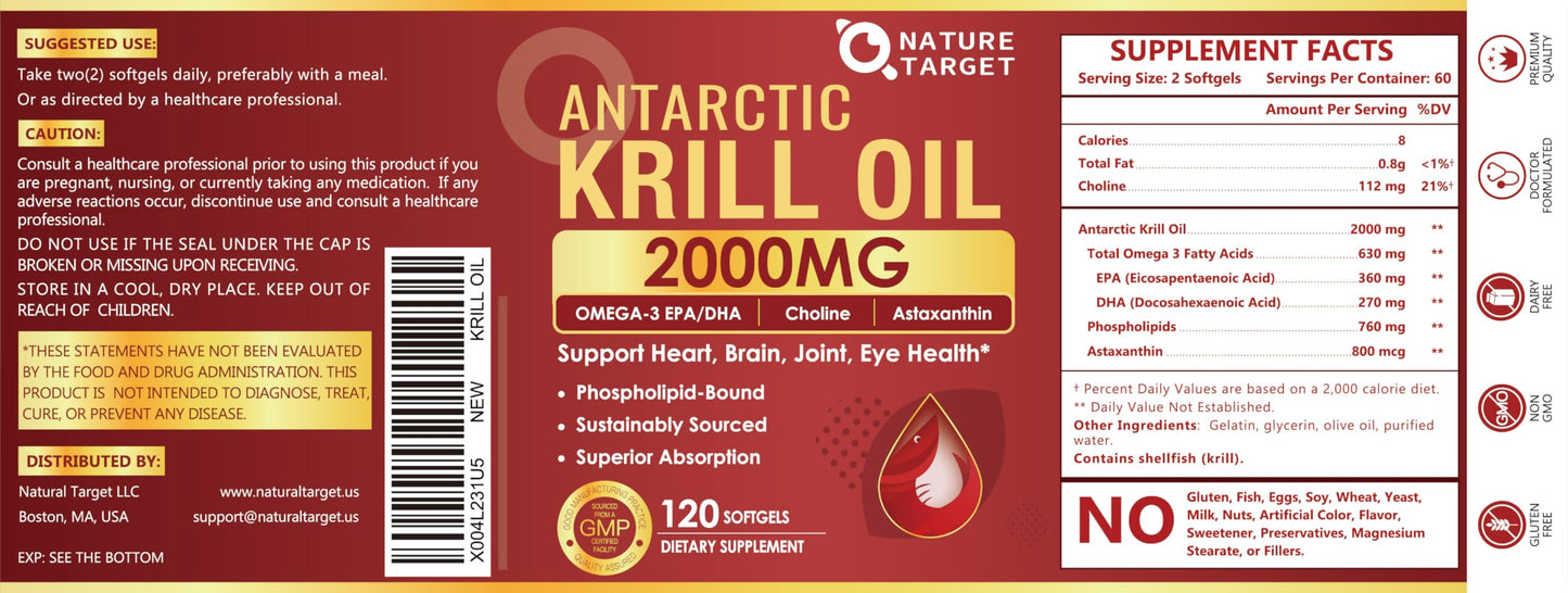 NATURE TARGET Krill Oil 2000 mg with Omega-3 EPA & DHA, Choline & Astaxanthin โ 120 Softgels (60 Servings) | Heart, Brain, Joint, Eye Health | Non-GMO, Gluten Free
