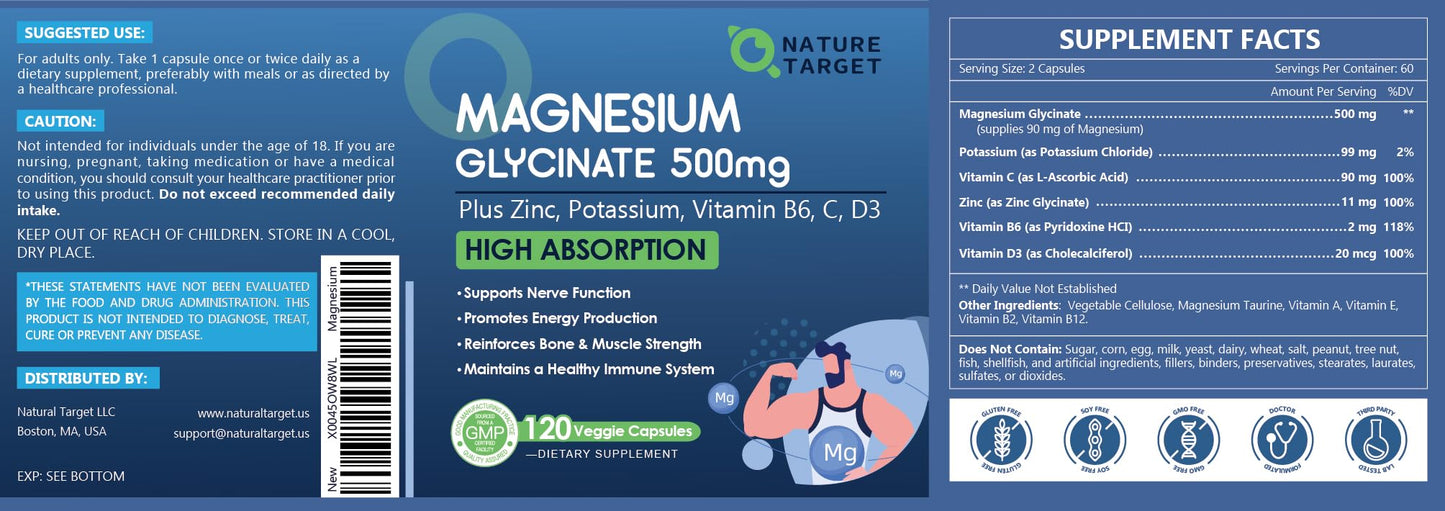 NATURE TARGET Magnesium Glycinate 500mg with Zinc & Vitamin D3 β Muscle, Nerve & Bone Support, Heart Health & Immune Support (Pack of 2, 240 Capsules)