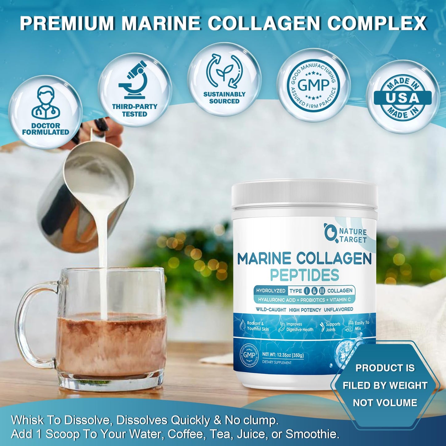 Nature Target Marine Collagen Peptides Powder โ Type I & III, Probiotics, Vitamin C & Hyaluronic Acid (35 Servings)
