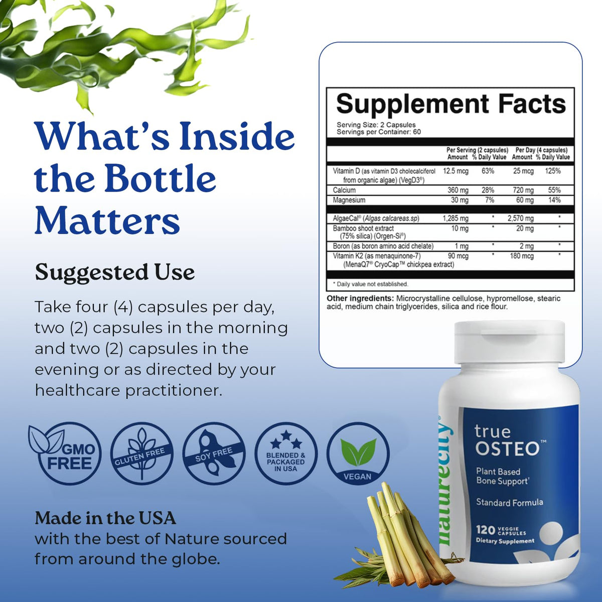 NatureCity True-Osteo: Plant-Based Calcium + Magnesium with Vitamin D3 & K2 | 360 Capsules