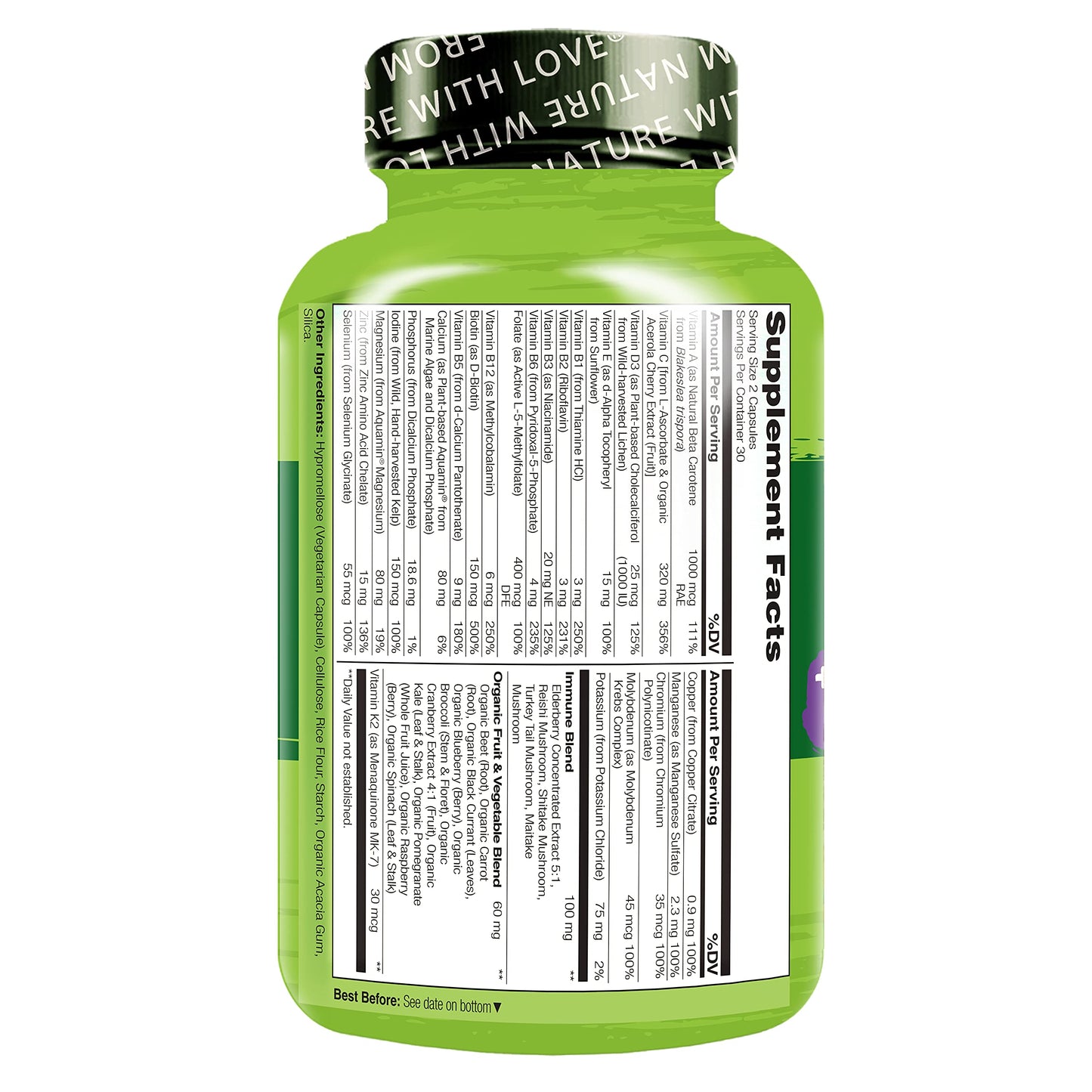NATURELO Whole Food Multivitamin + Immune Blend โ Elderberry & Mushrooms, 60 Vegan Capsules