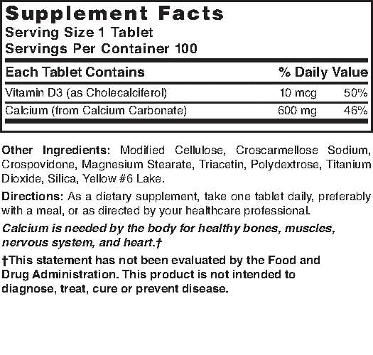 Nature's Blend Calcium Carbonate 600 mg with D3 400 IU โ 100 Tablets (Pack of 1) UPC 079854016819