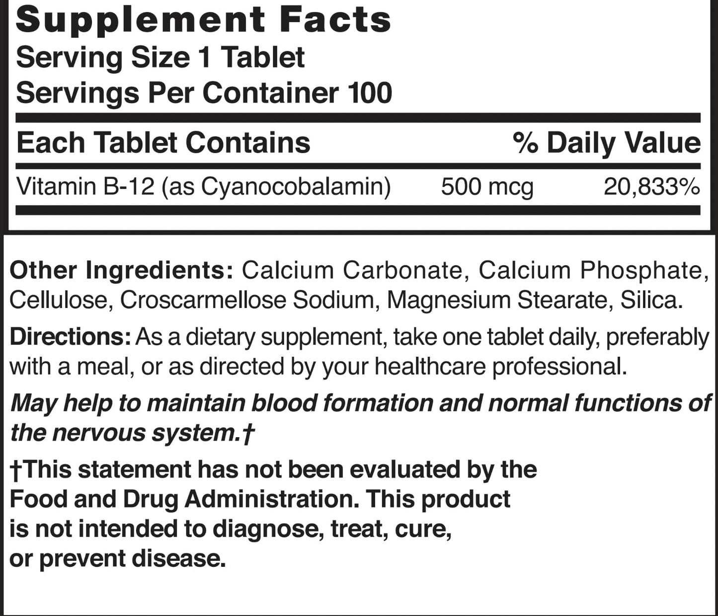 Nature's Blend Vitamin B-12 500 mcg โ 100 Tablets | Cyanocobalamin Supplement