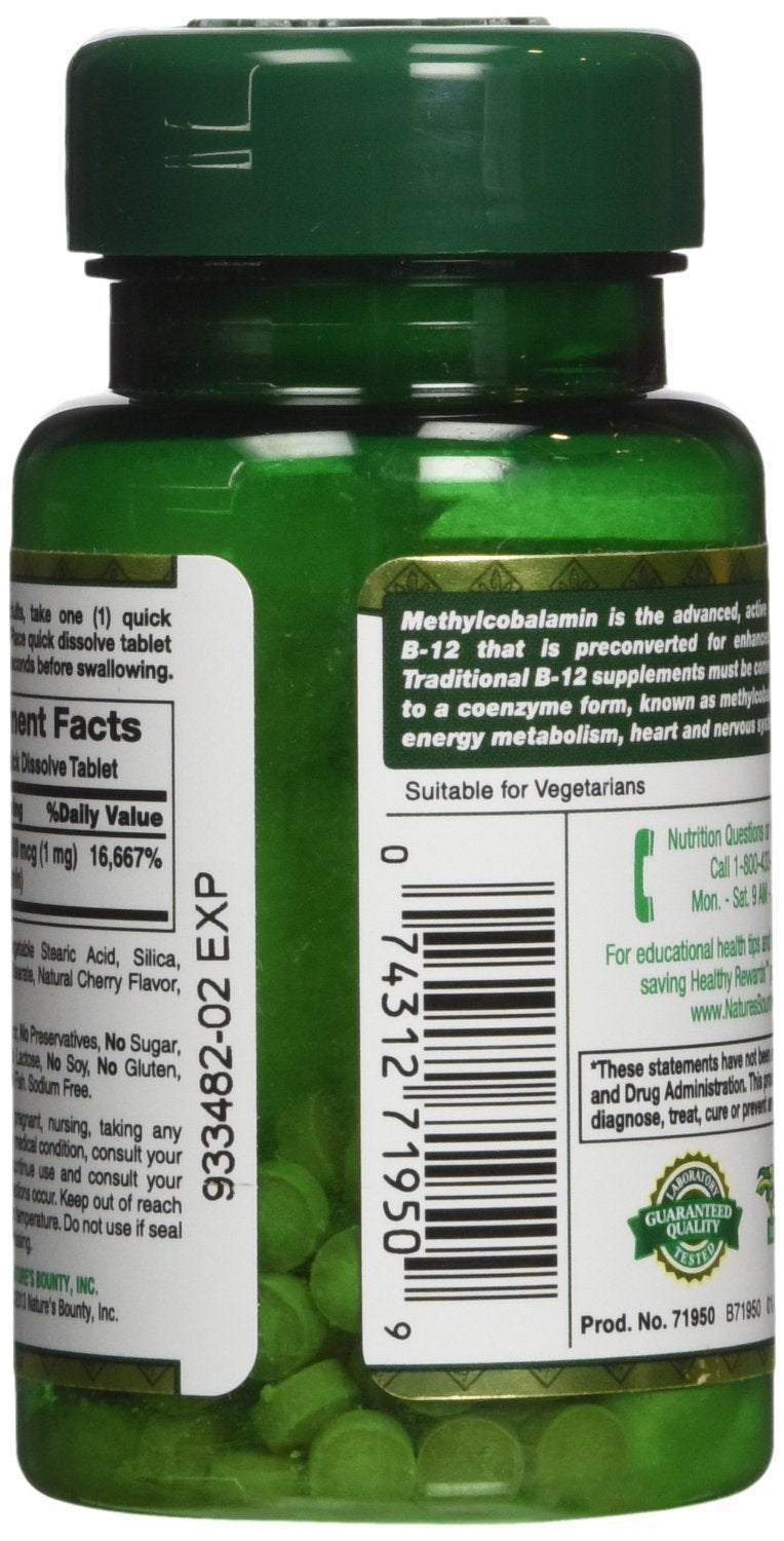 Natures Bounty Methylcobalamin B12 Microlozenge Tablets 1000 mcg โ 120 Count (2 x 60 Count) Pack