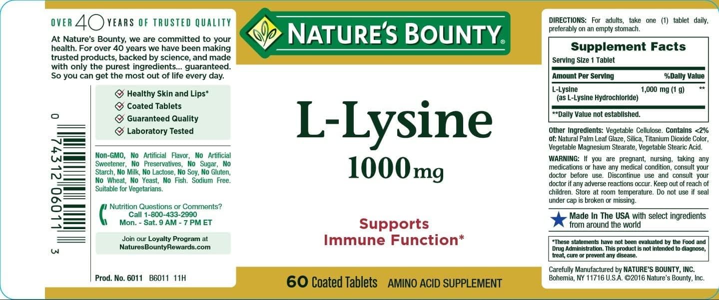 Nature's Bounty L-Lysine 1000 mg Tablets โ 60 ea (Pack of 4)