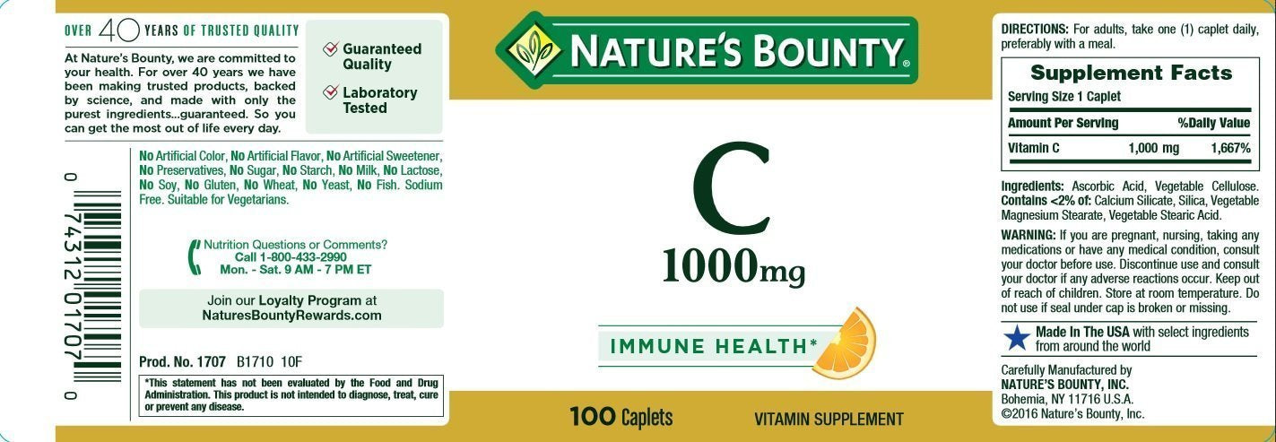 Nature's Bounty Vitamin C 1000 mg, 100 Caplets โ Pack of 2 | Immune Support