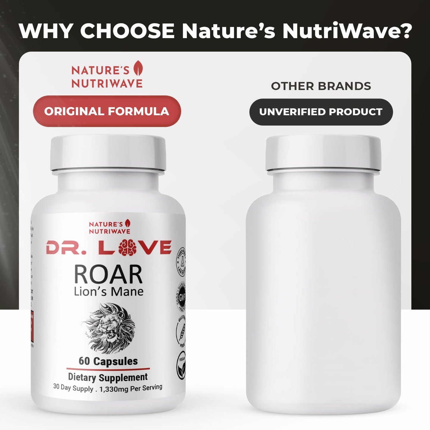 Nature's NutriWave Dr. Love Roar Lion's Mane Mushroom Supplement β Plant-Based, Vegan, Gluten-Free, USA Made