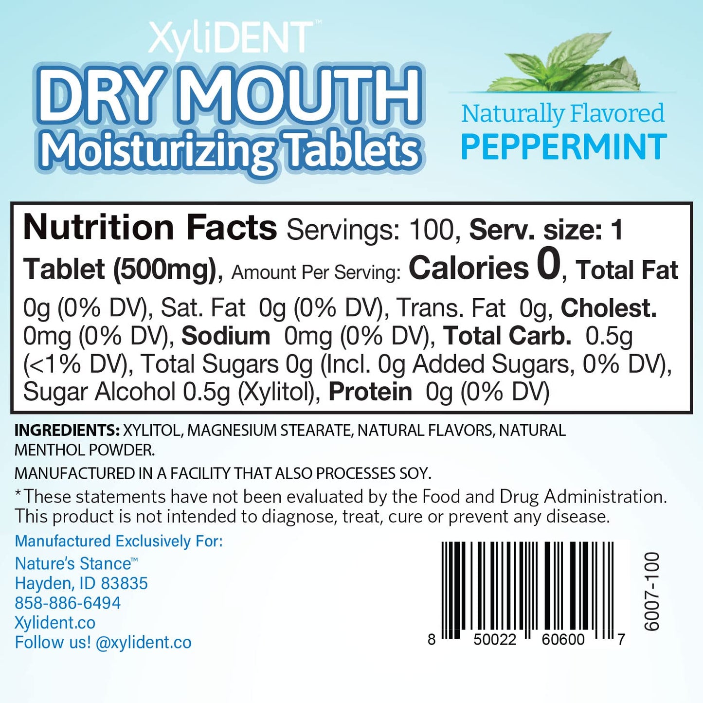 Nature's Stance XyliDENT Xylitol Tablets โ Dry Mouth Relief, Fresh Breath, Peppermint, 100 Count per Pack, Pack of 2