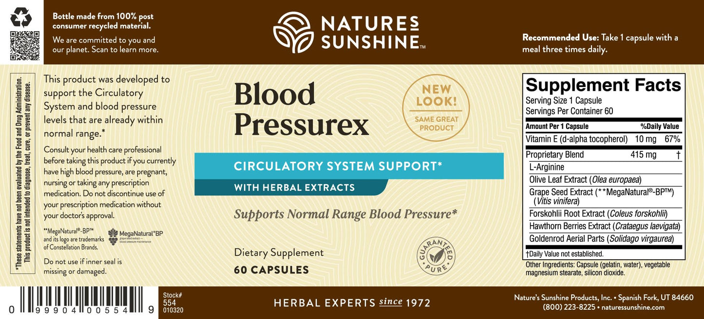 Nature's Sunshine Blood Pressurex 60 Capsules โ Supports Normal Blood Pressure Range