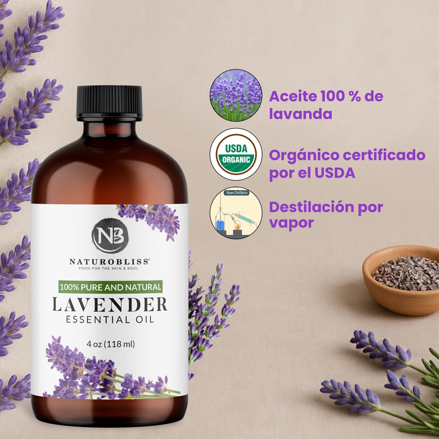 NaturoBliss 100% Pure Lavender Essential Oil โ Therapeutic Grade, Premium Quality, 4 fl oz with Glass Dropper