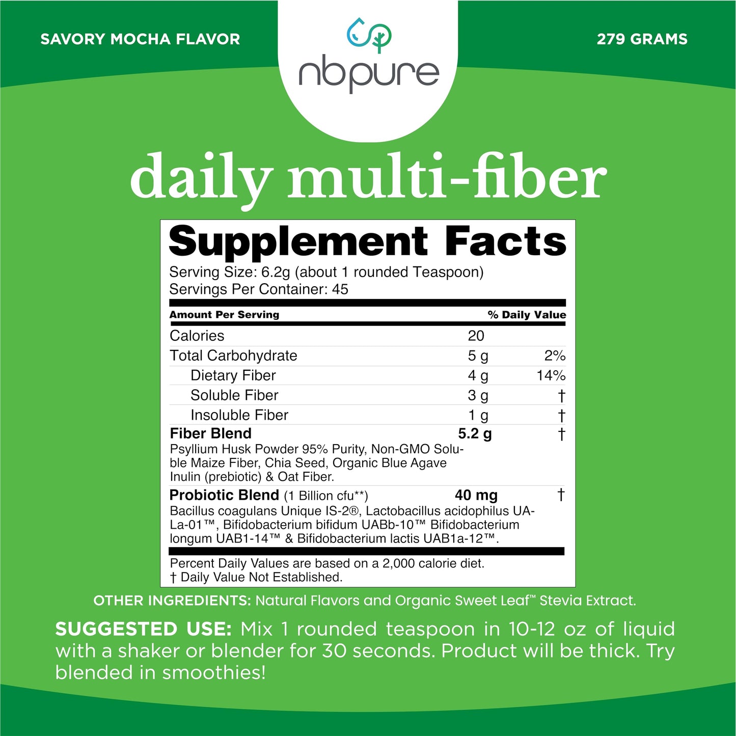 nbpure Daily Fiber Powder Blend โ Digestive Health, Cholesterol Support, Weight Management | Savory Mocha, 45 Servings