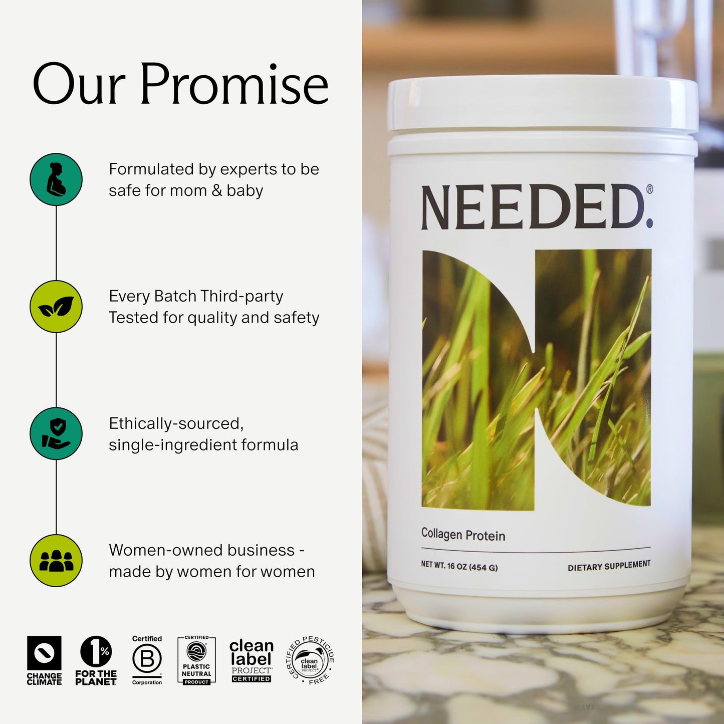 Needed Hydrolyzed Collagen Protein Powder โ Grass-Fed, Hormone-Free, 1lb