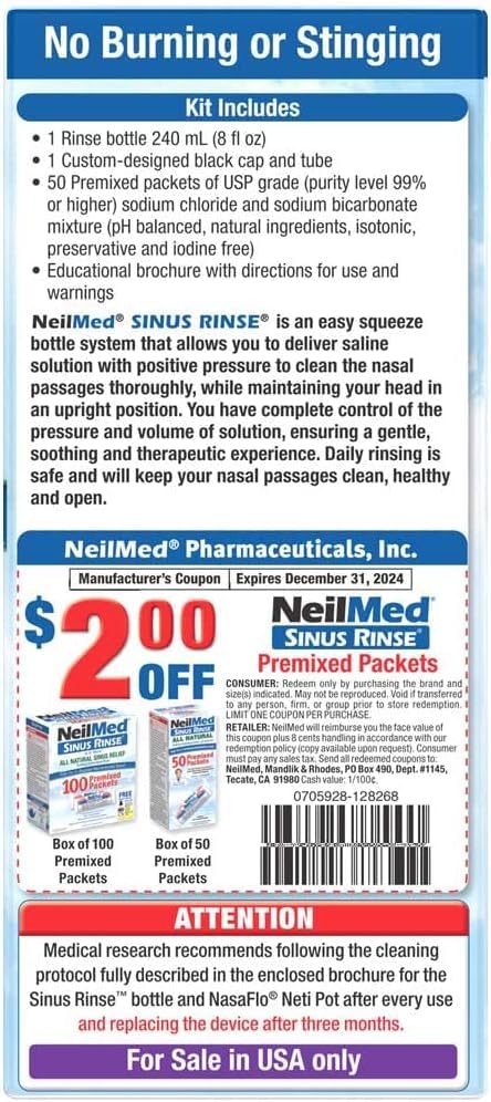 NeilMed Sinus Rinse Kit β Complete Large-Volume Nasal Irrigation (Pack of 2, 50 Count)