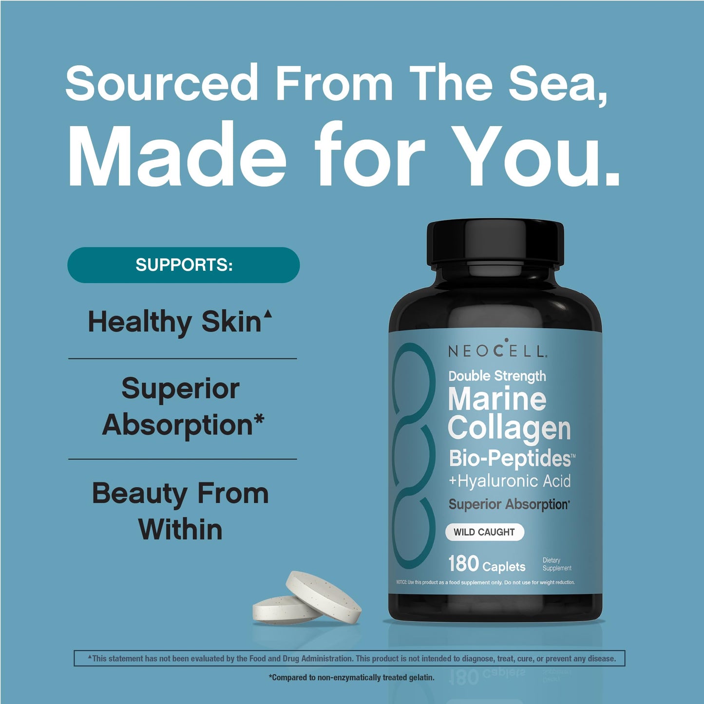 NeoCell Marine Collagen Peptides โ 180 Caplets with Hyaluronic Acid