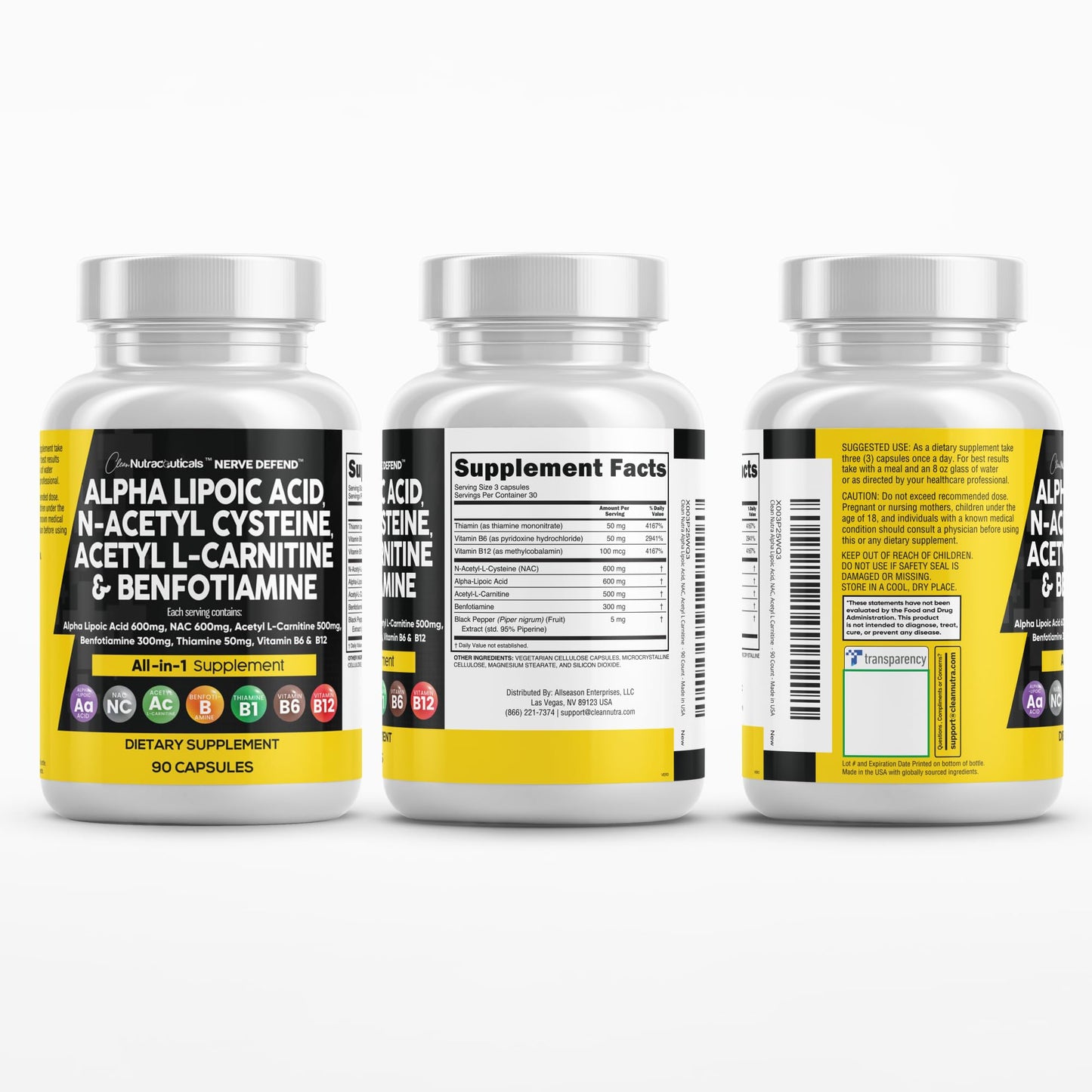 Alpha Lipoic Acid 600mg NAC 600mg Acetyl L-Carnitine 500mg Benfotiamine 300mg โ Nerve Support Supplement (Made in USA) 90 Caps