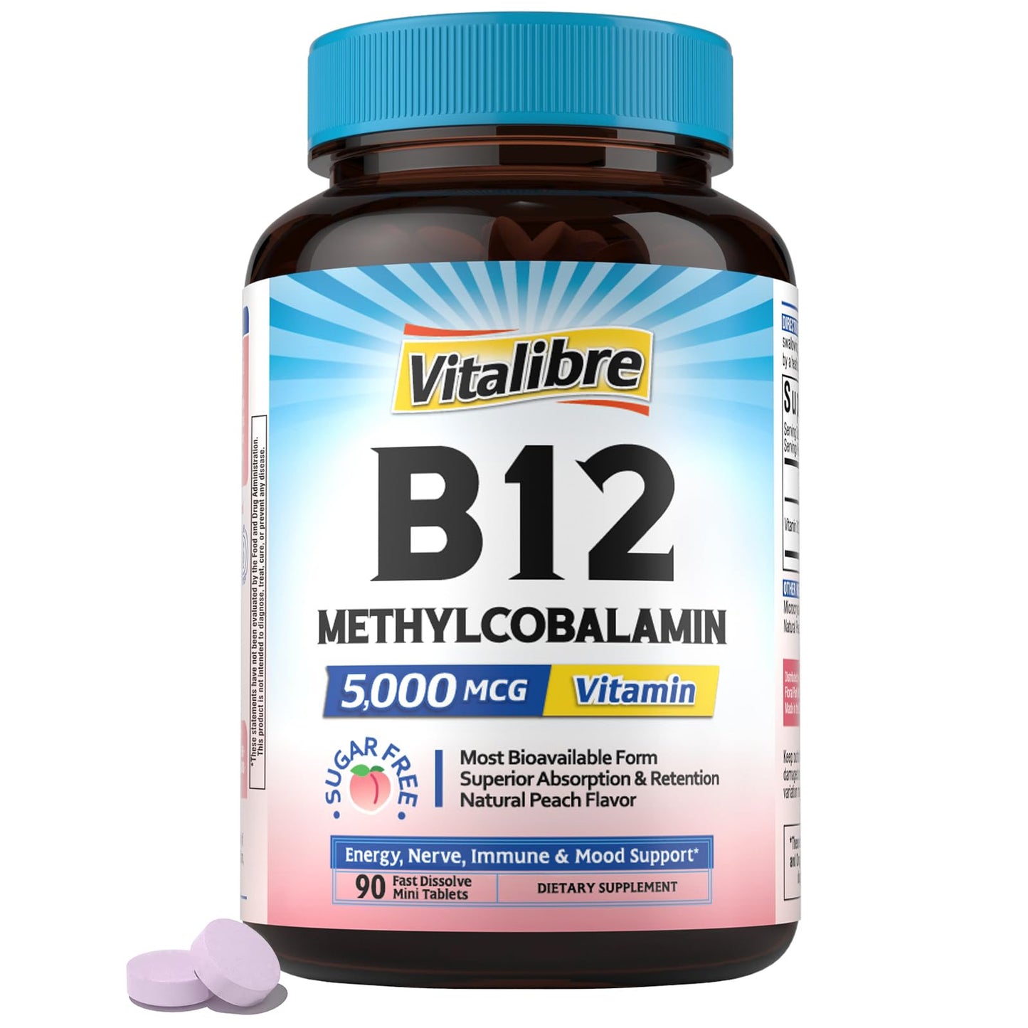 Vitamin B12 Sublingual 5000 mcg โ Vegan Methylcobalamin, Peach Flavor
