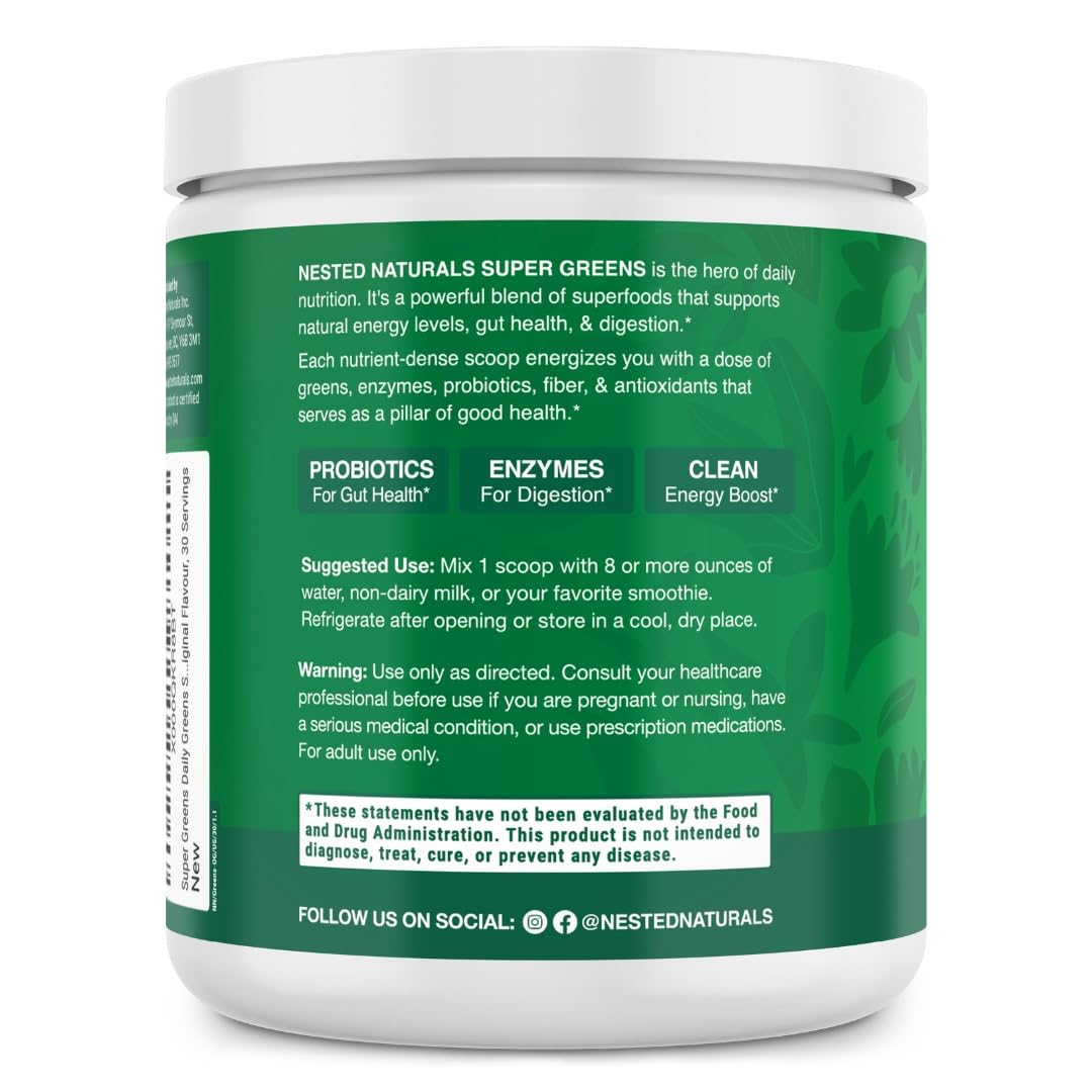 Nested Naturals Super Greens Daily Powder – USDA Organic Greens, Probiotics & Fiber, 30 Servings