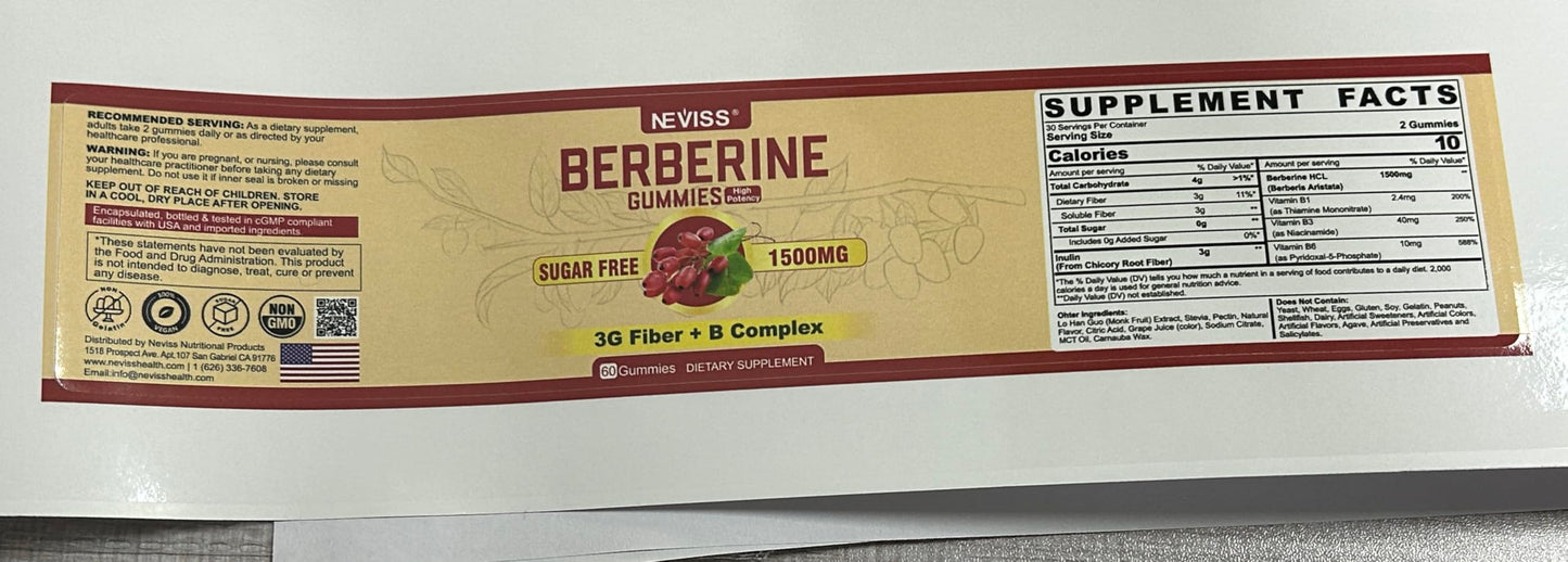 NEVISS Berberine Supplement 1500mg โ Vegan, Non-GMO Gummies
