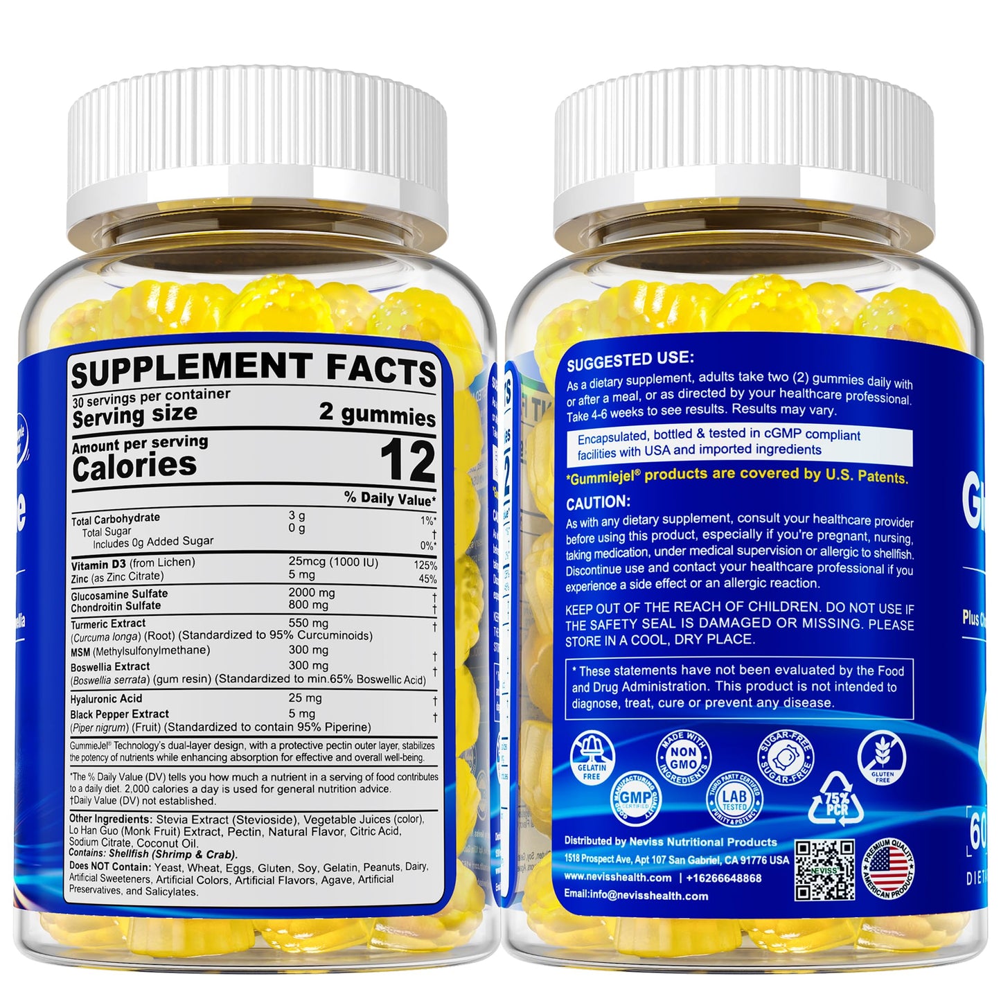 NEVISS Glucosamine 2000mg Gummies โ Extra Strength with Chondroitin, MSM, Turmeric, Boswellia, Hyaluronic Acid, Vitamin D3 & Zinc | Pineapple 60 Gummies