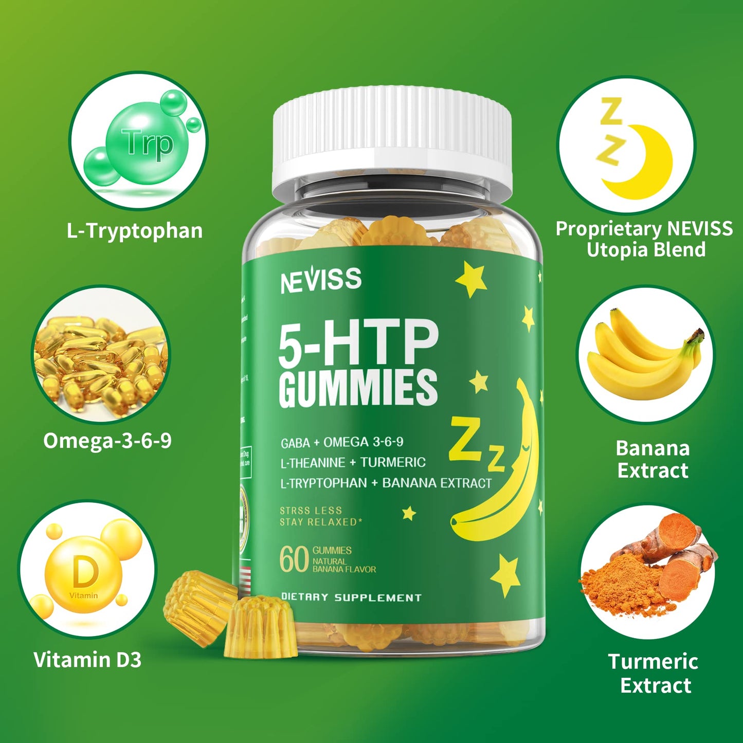 NEVISS 1Pack 5-HTP Gummies + GABA โ Melatonin Free, Sleep & Relaxation