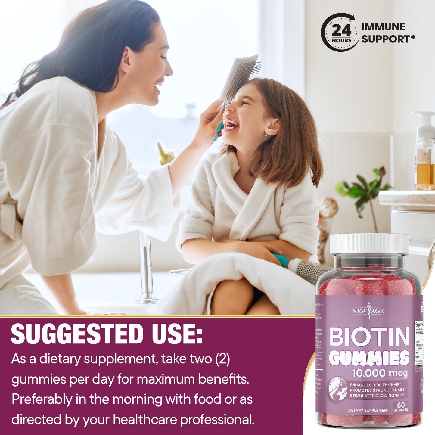 NEW AGE Biotin Gummies – Hair, Skin & Nails – 10,000 mcg – Non-GMO – Made in USA – 120 Count