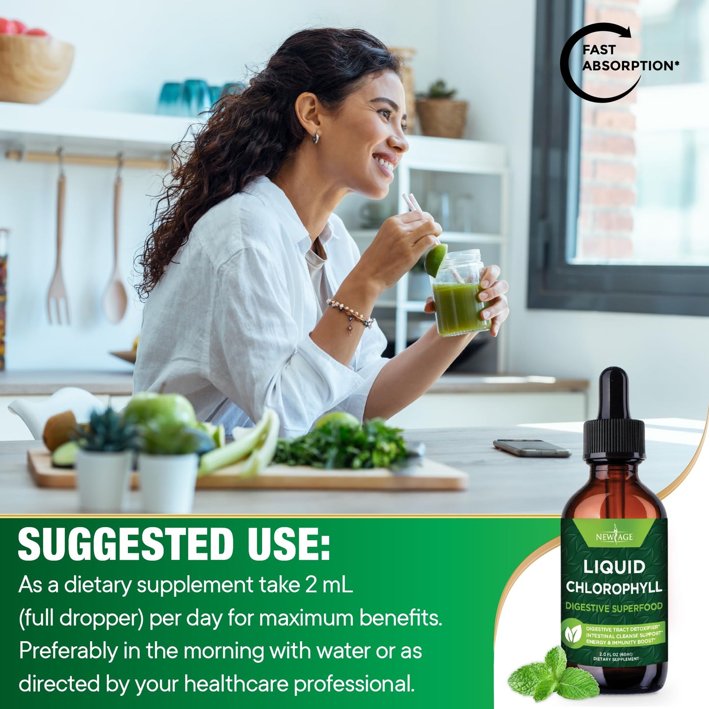 NEW AGE Chlorophyll Liquid Drops โ Energy Booster, Digestion & Immune Support (2 Pack)