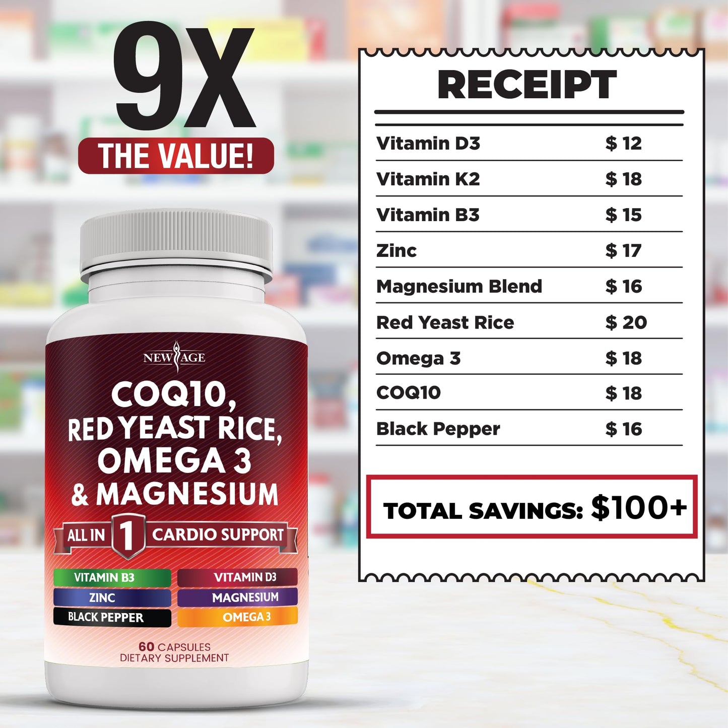 New Age CoQ10 200mg with Red Yeast Rice & Omega-3-6-9 โ 120 Count