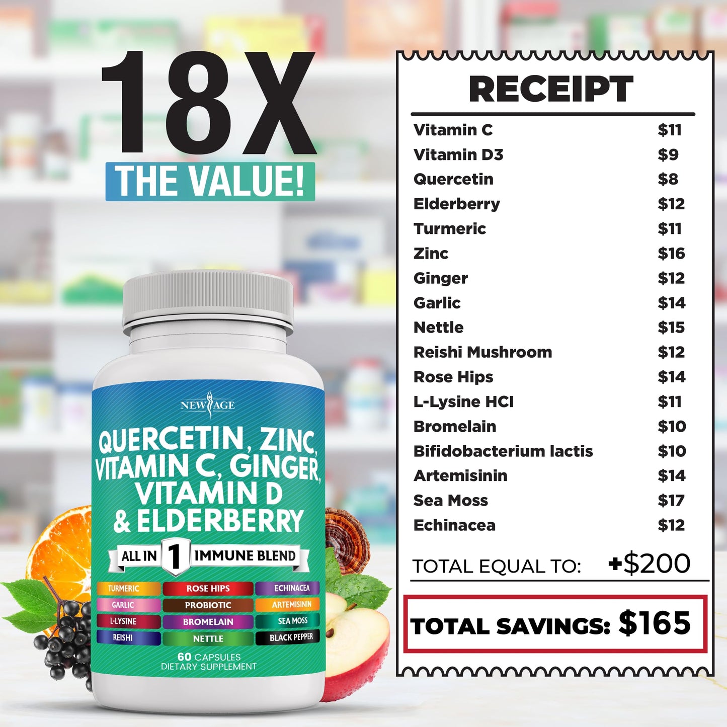 NEW AGE Quercetin Zinc Vitamin C Bromelain Elderberry β 180 Count Immune Support Formula