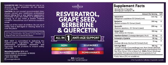 NEW AGE Resveratrol Berberine Grape Seed Polyphenol Supplement โ 120 Capsules (Women & Men) with Noni, NAC & Acai
