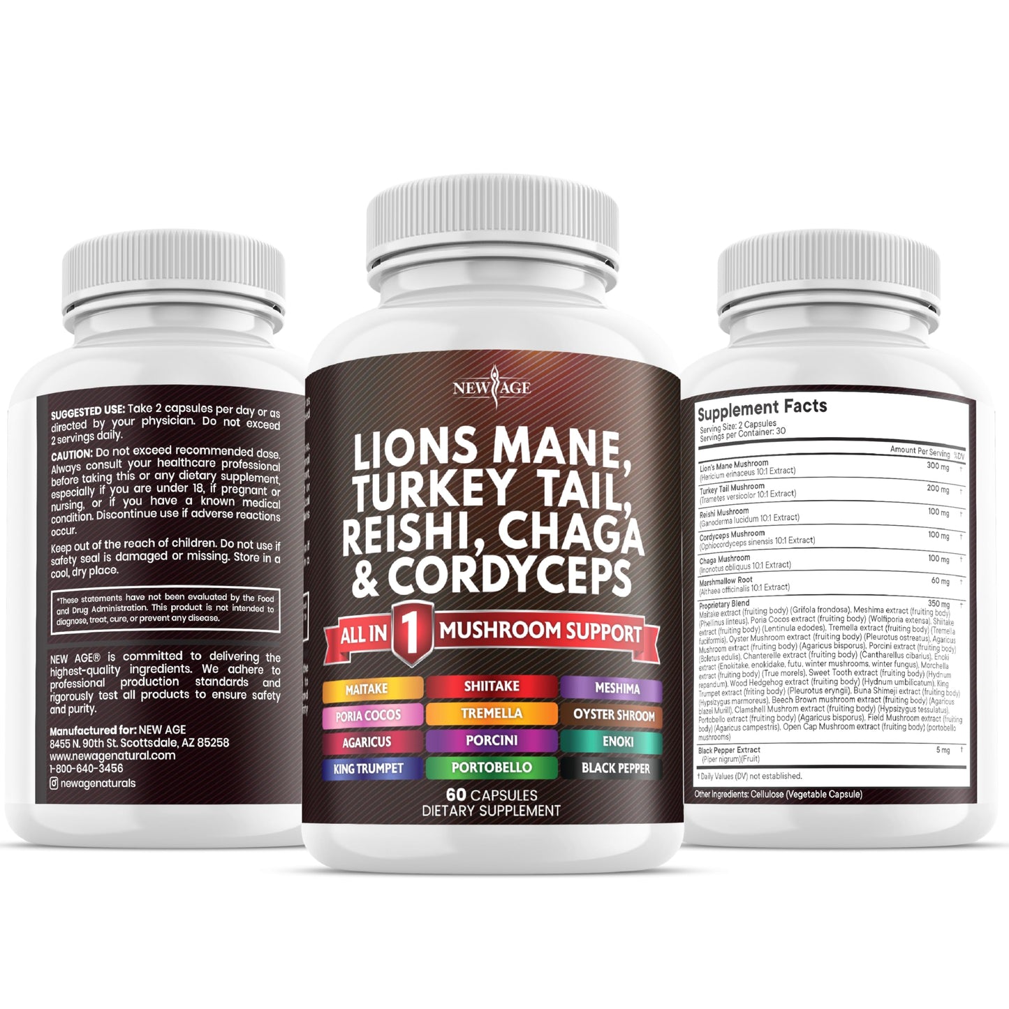 NEW AGE Lions Mane Mushroom Supplement with Turkey Tail, Reishi, Cordyceps, Chaga + Marshmallow Root – 120 Count