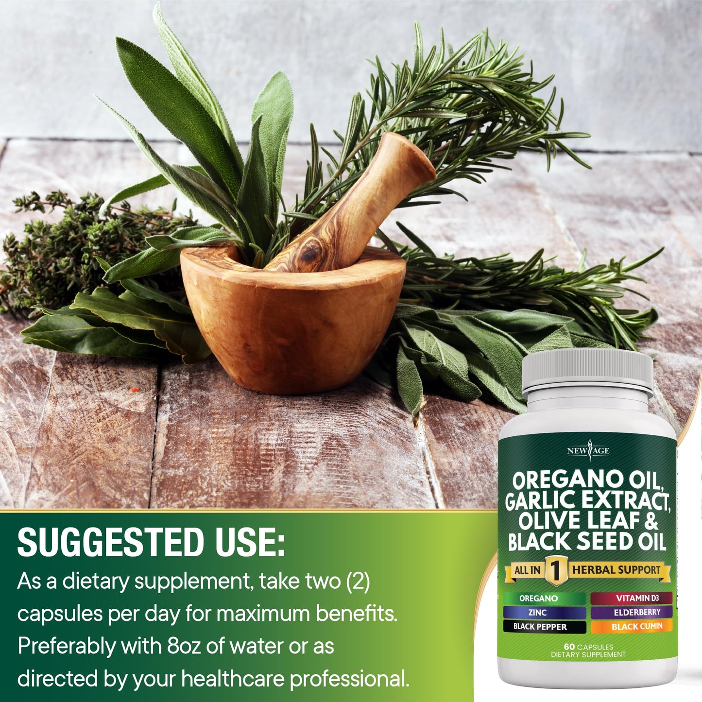 NEW AGE Oregano Oil Garlic Extract Olive Leaf with Astragalus โ 180 Count for Men & Women