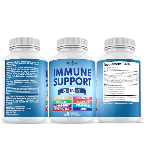 NEW AGE 8 in 1 Immune Support Booster β Vitamin D 5000 IU, Vitamin C 1000 mg, Zinc 50 mg, Elderberry & Echinacea β 180 Capsules (Pack of 3)