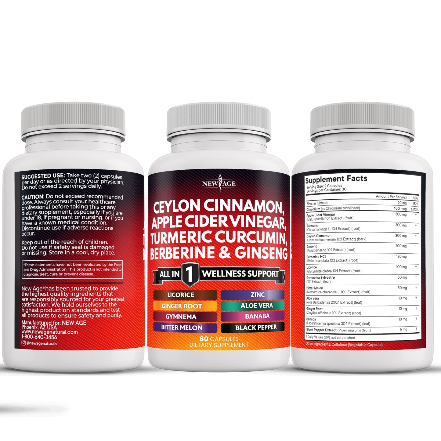 NEW AGE Ceylon Cinnamon Turmeric ACV Ginseng 14-in-1 Capsule β 180 Count