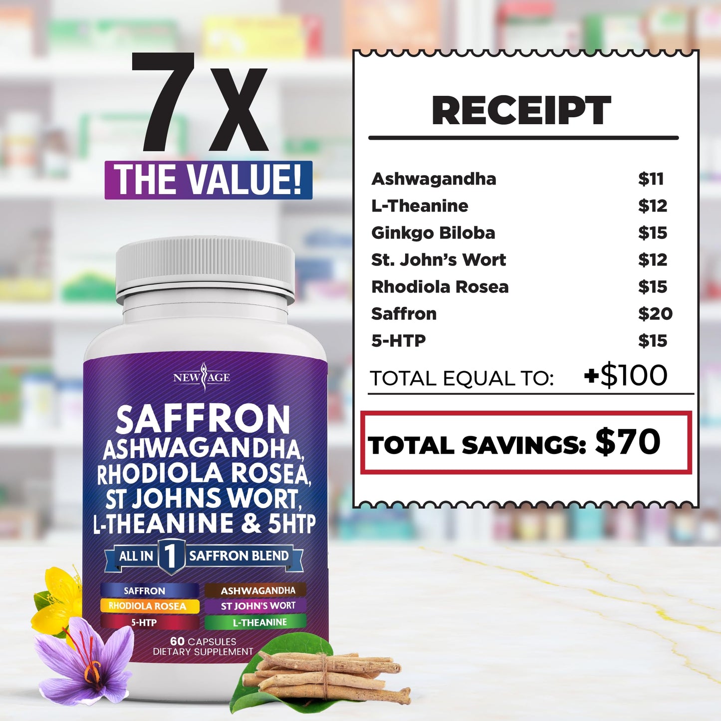 Saffron with Ashwagandha โ L-Theanine, Ginkgo Biloba, Rhodiola Rosea, 5-HTP & St. John's Wort | 60 Count