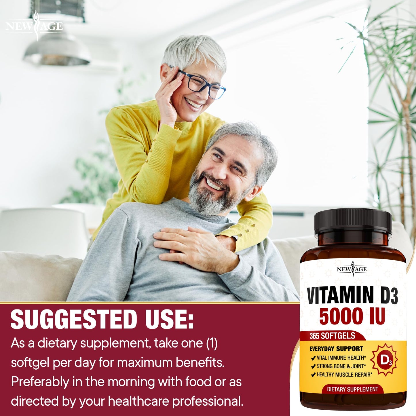 NEW AGE Vitamin D3 5000 IU Softgels โ Immune Support, Strong Bones, Non-GMO, Gluten-Free (360 Softgels)