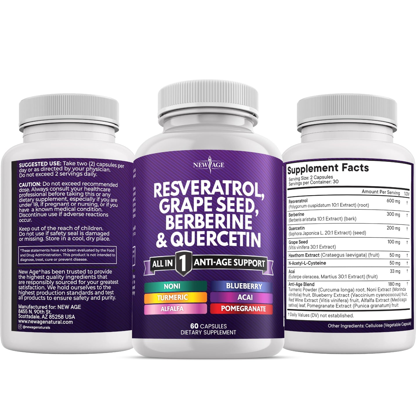 NEW AGE Resveratrol Berberine Grape Seed Quercetin Polyphenol Supplement – 180 Capsules