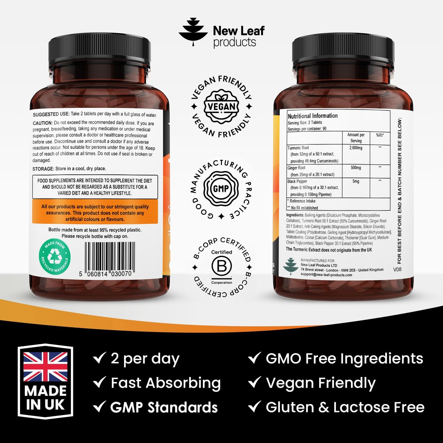 Turmeric Tablets with Black Pepper & Ginger - Curcumin 180 Tablets | New Leaf