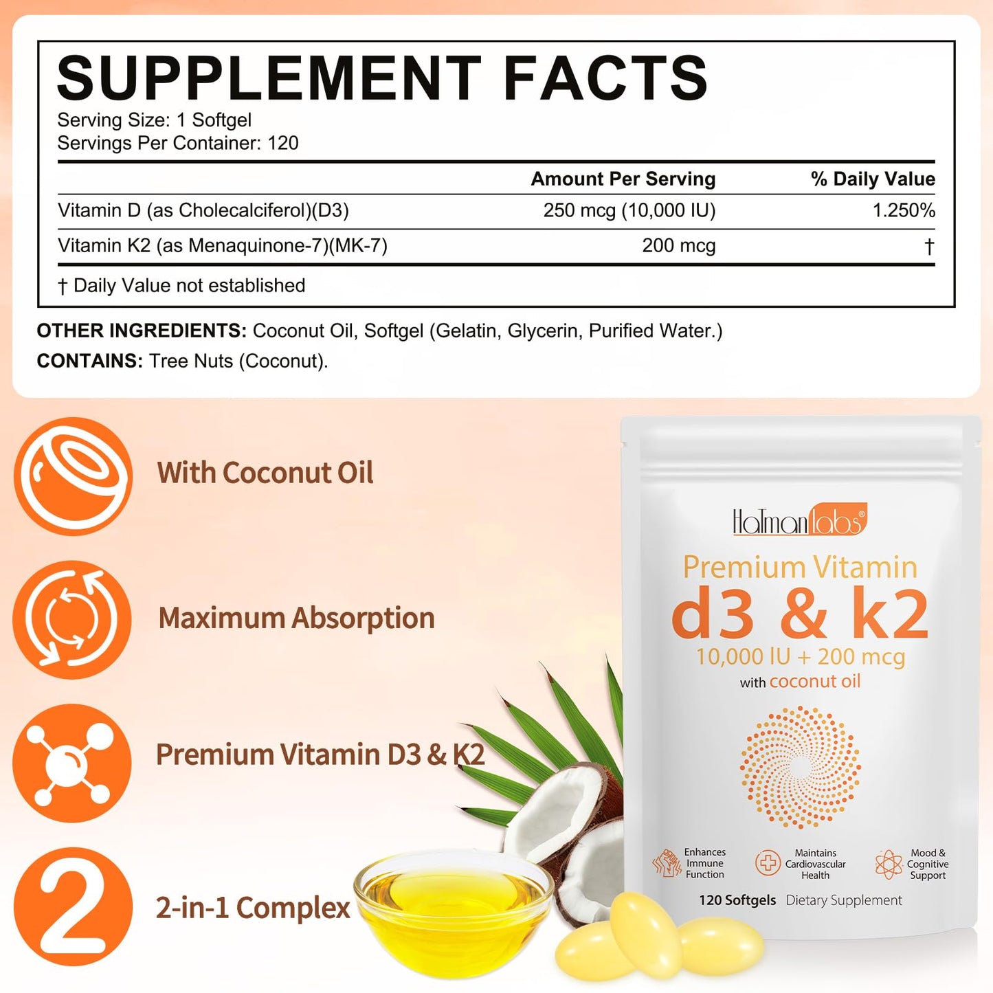 Newseel Vitamin D3 K2 Capsules | D3 & K2 with Coconut Oil โ 120 Softgels