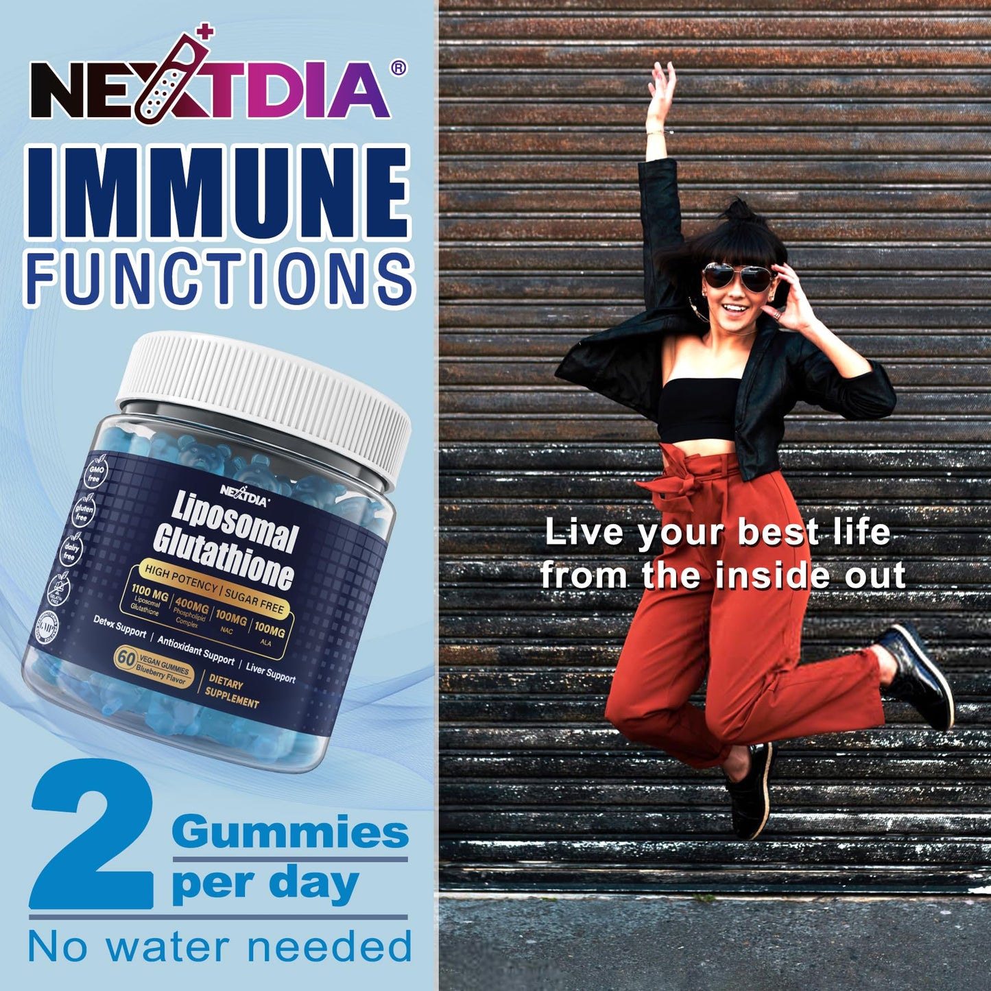 Nextdia Liposomal Glutathione Gummies 1100mg β Vegan, Immune Support & Anti-Aging, 60 Count