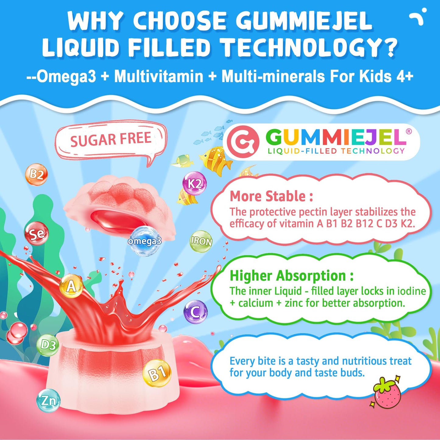 Nextdia Omega-3 Gummies for Kids โ Multivitamin, Calcium, D3, K2, Zinc | Sugar Free